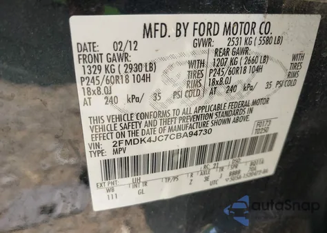 2012 Ford Edge Sel из США, поврежденный, VIN 2FMDK4JC7CBA94730